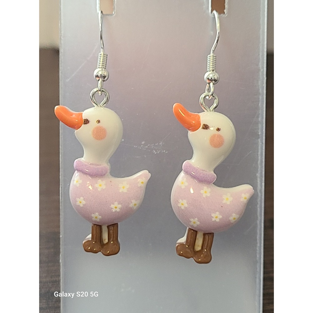 Whimsical Lavender Floral Duck Drop Earrings White Goose Cottagecore Kidcore